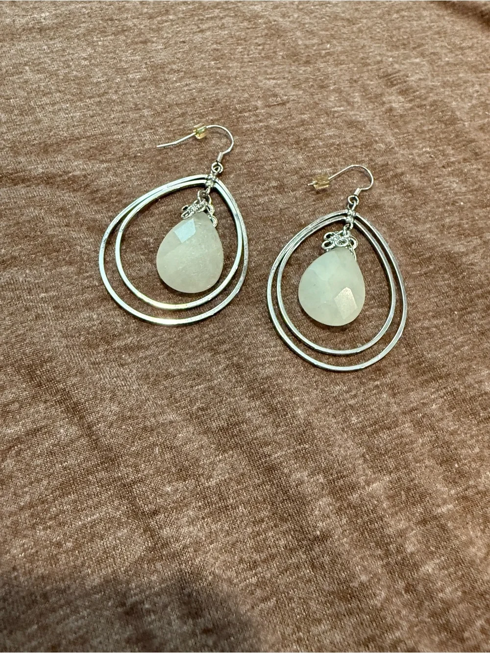 Silver Teardrop Hoop Earrings with White Chalcedony Stone